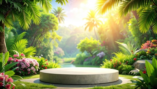 Lush Tropical Garden with Stone Platform and Sunrise