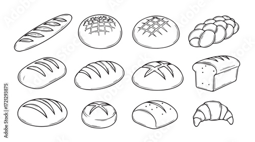 Artistic sketch of assorted baked bread loaves and croissants for culinary designs silhouette