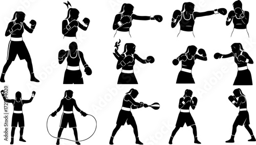 Female boxing silhouettes, Boxing silhouette set, Female boxing silhouette