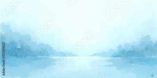 Misty mountains with the morning sun casting a peaceful light on the river and clouds