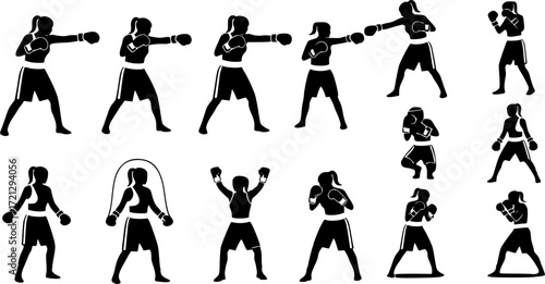 Female boxing silhouettes, Boxing silhouette set, Female boxing silhouette