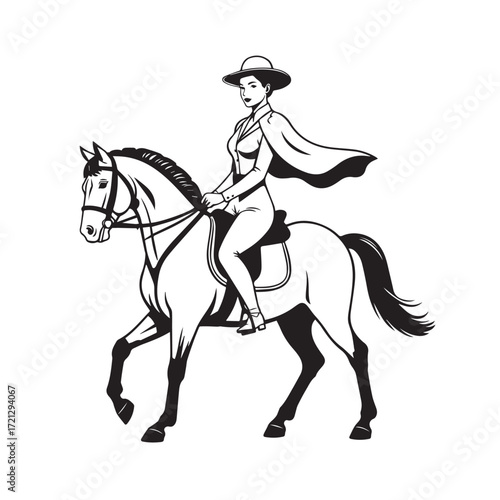 Black and white line art of a beautiful woman with perfect body riding horse elegant minimalist illustration