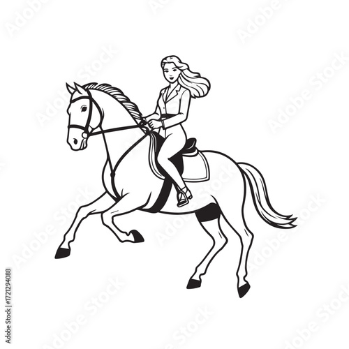 Black and white line art of a beautiful woman with perfect body riding horse elegant minimalist illustration