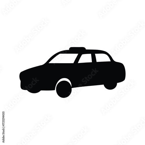 Black silhouette of a sedan car with carrier on the roof on white