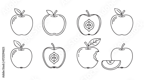 Hand drawn sketch apples various stages whole half bitten slice isolated fresh fruit collection silhouette