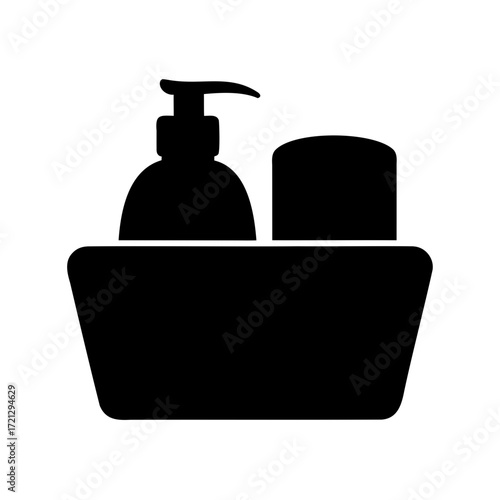Bathroom countertop organizer with lotion dispenser and sponge, flat vector icon