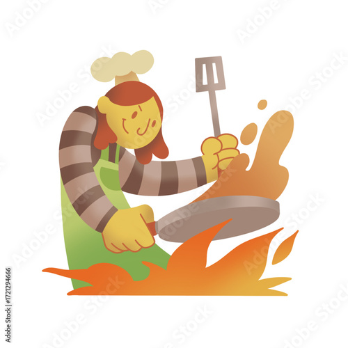 Chef cooking with big flame, restaurant kitchen, frying pan fire, culinary vector illustration, professional cooking, food preparation scene