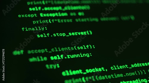 Close up of black screen with green programming code. Cybersecurity or hacking concept