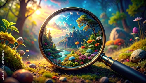 Magnifying Glass Revealing Vibrant Fantasy Landscape