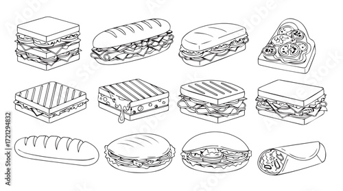 Collection of hand drawn delicious sandwiches and wraps food icons set silhouette