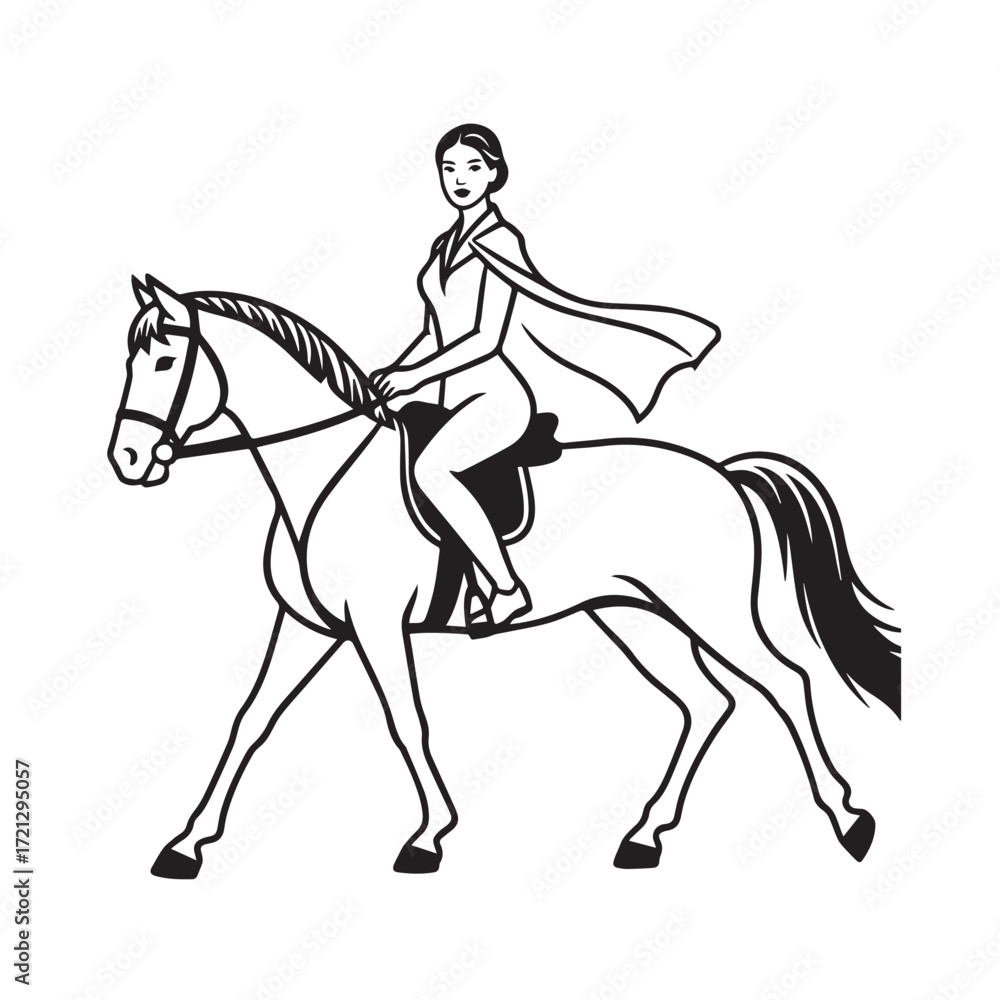 Obraz premium Black and white line art of a beautiful woman with perfect body riding horse elegant minimalist illustration