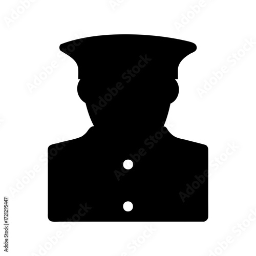 Silhouette illustration of a uniformed man with a hat on a white background