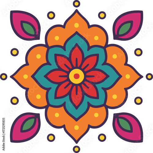 Colorful Mandala Pattern With Floral Center, Leaves, And Circular Dots For Decor