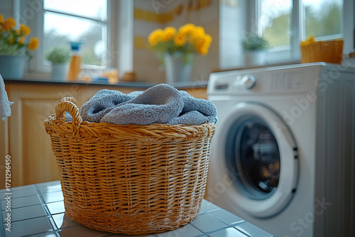 Laundry basket with towels placed beside modern washing machine in bright cozy home interior with flowers and natural light background