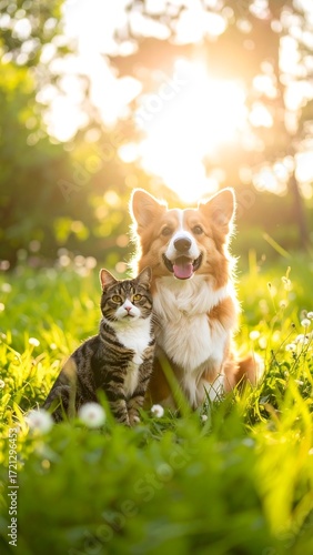Two pets, a dog and a cat, sit in a grassy field bathed in golden sunlight