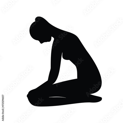 Silhouette of a kneeling woman with head bowed in a black and white art