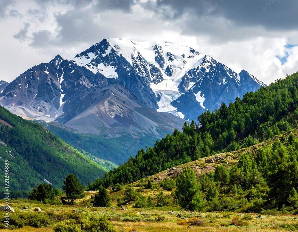Fototapeta premium Mountain range with snow-capped peak