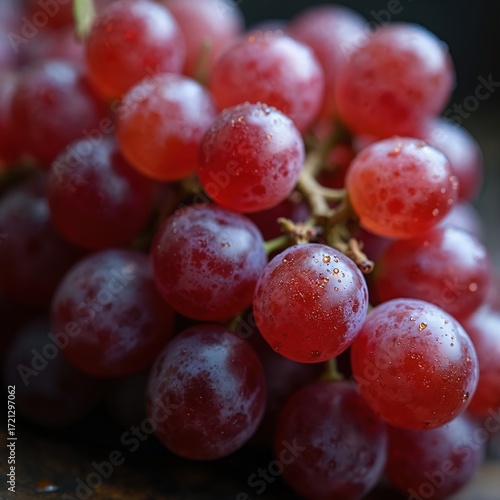 Wallpaper Mural Close-up of ripe Red Globe grapes, glistening with water droplets. This fresh, sweet berry bunch is perfect for healthy eating, diet, dessert, and organic food concepts. Natural nourishment from vine. Torontodigital.ca