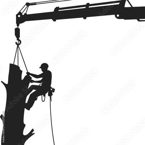 Arborist cutting tree with chainsaw, tree removal service, professional tree care, crane assistance, safety harness, forestry worker, climbing gear, outdoor labor, tree trimming, urban landscaping