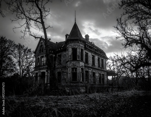 Abandoned mansion in a gloomy landscape