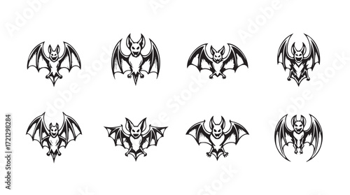 Collection of eight detailed stylized bat silhouettes facing forward with open wings for gothic or halloween designs silhouette