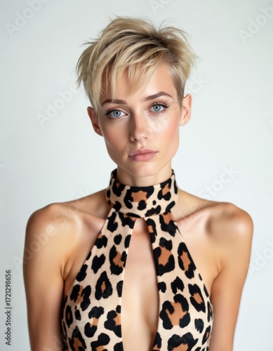 Studio portrait of blonde woman with short hair, blue eyes wearing low-cut white leopard print top with nude shoulders against clean white background. Gentle smile, flawless skin, elegance, style.