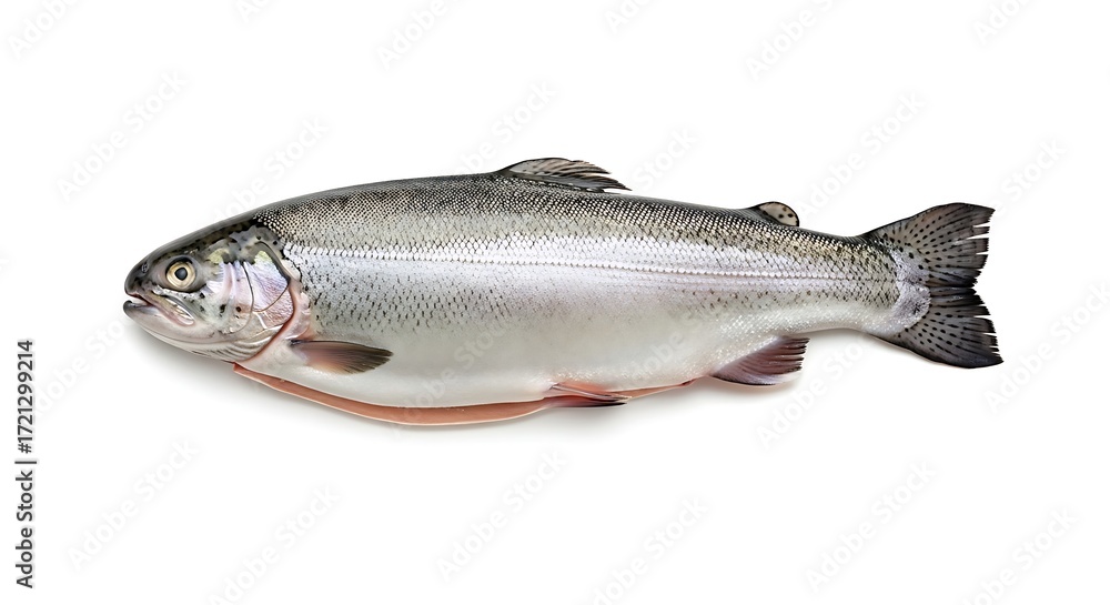 Obraz premium Fresh Rainbow Trout - Silver Scales, Detailed Fins, Isolated on White Background.