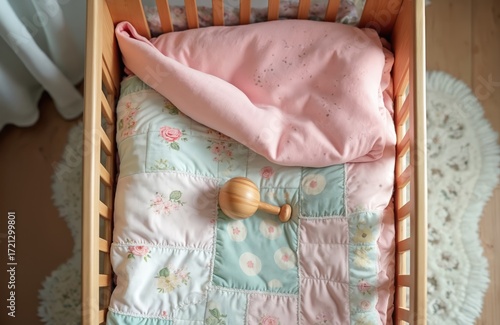 Cozy baby cot features pink patchwork blanket with floral patterns and a soft pink pillow. A wooden rattle rests on the quilt, suggesting naptime or bedtime in a child nursery or bedroom.