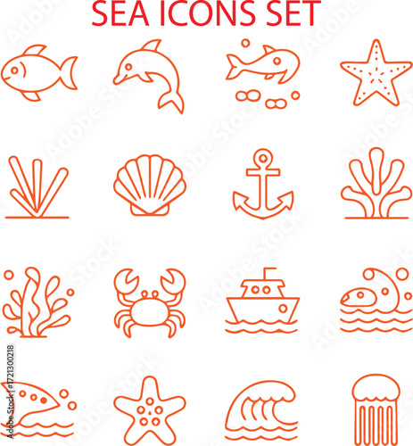 Orange sea creature and object icons fish dolphin
