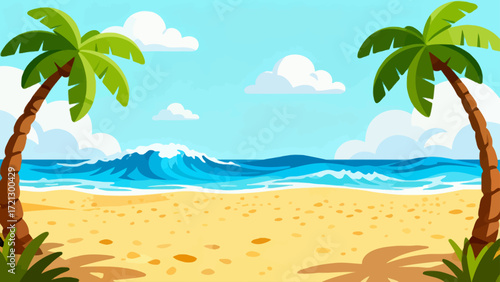 Summer beach background picture, hand-drawn vector illustration, game art scene