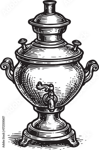 Vintage samovar etching in black and white line art style