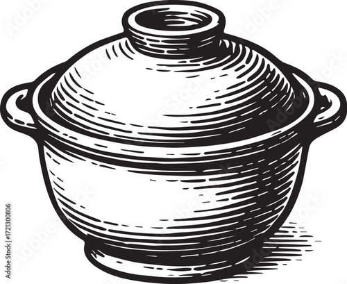Vintage black and white etching illustration of traditional Japanese donabe pot