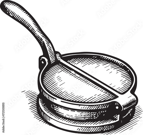 Etching illustration of traditional cast iron tortilla press in black and white style