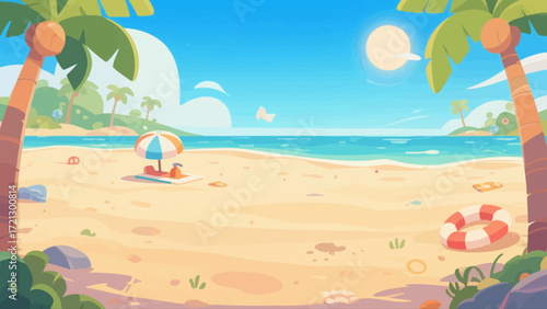 Summer beach background picture, hand-drawn vector illustration, game art scene