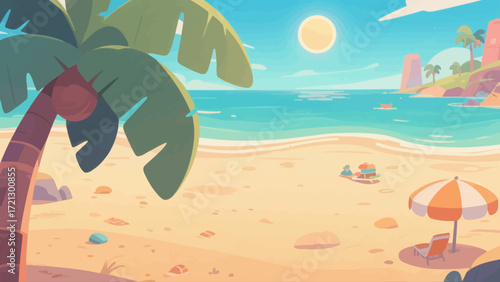 Summer beach background picture, hand-drawn vector illustration, game art scene