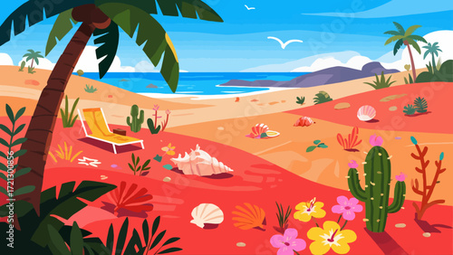 Summer beach background picture, hand-drawn vector illustration, game art scene