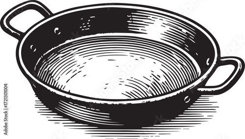 Etching of Spanish paella pan in detailed engraving style