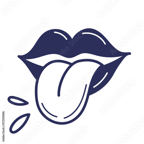 Stylized Dark Blue Lips with Tongue Sticking Out and Droplets.