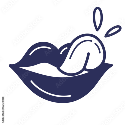 Stylized Dark Blue Lips with Tongue Licking and Droplets Illustration.