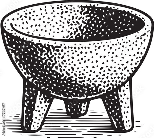 Detailed vintage etching of traditional molcajete stone mortar in black and white