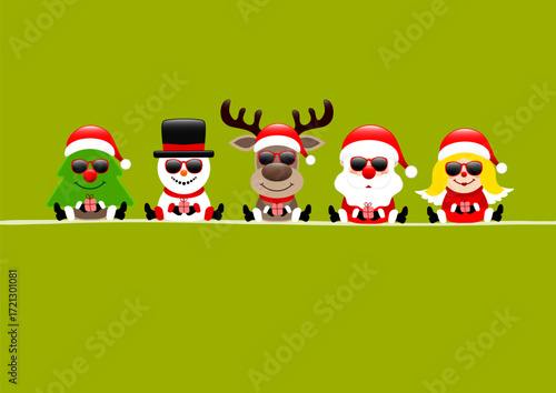 Karte Baum Schneemann Rentier Weihnachtsmann Und Engel Mit Sonnenbrille Hellgrün