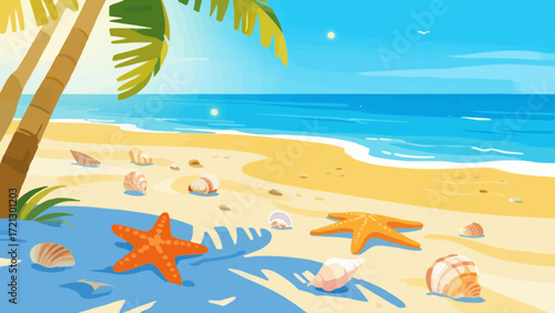 Summer beach background picture, hand-drawn vector illustration, game art scene