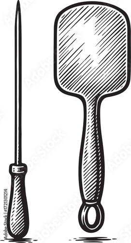 Detailed etching of traditional tandoor tools skewer and paddle