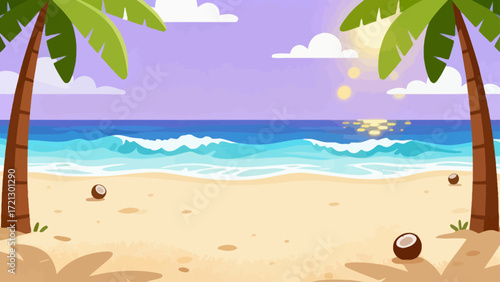 Summer beach background picture, hand-drawn vector illustration, game art scene