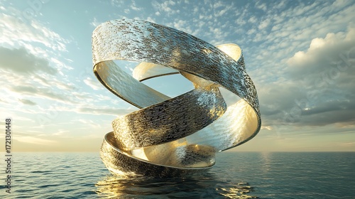 Intertwined Metal Rings Abstract Art 3D Render Ocean Background Sunset Sky Conceptual Design Modern Sculpture Digital Artwork