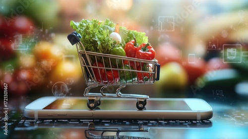 Shopping Cart with Fresh Vegetables on Smartphone Screen