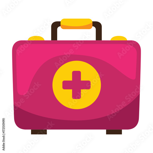 A pink first aid kit with a yellow cross symbol