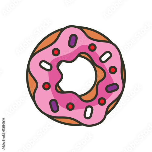 A pink frosted donut with sprinkles and a hole in the middle
