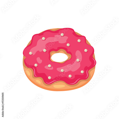 A pink frosted donut with white sprinkles on a white background