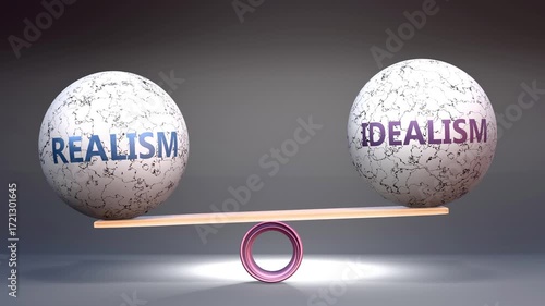 Realism and idealism in balance - balancing stones on a scale symbolizing harmony, equity and equilibrium between realism and idealism. Harmonious and beneficial situation.